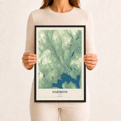 Harmony, Maine map print - 12 x 18 black Ayous wood frame