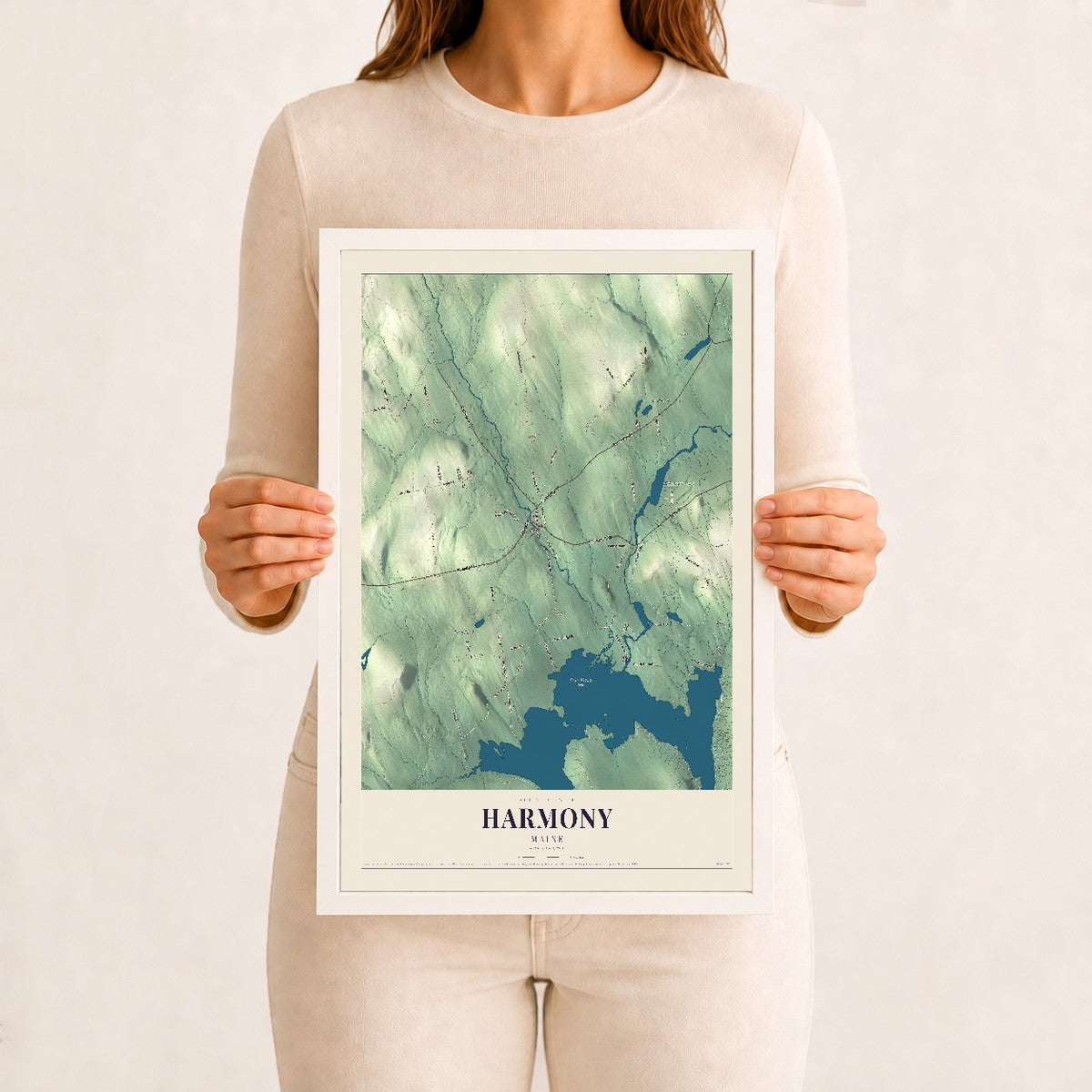 Harmony, Maine map print - 12 x 18 white Ayous wood frame
