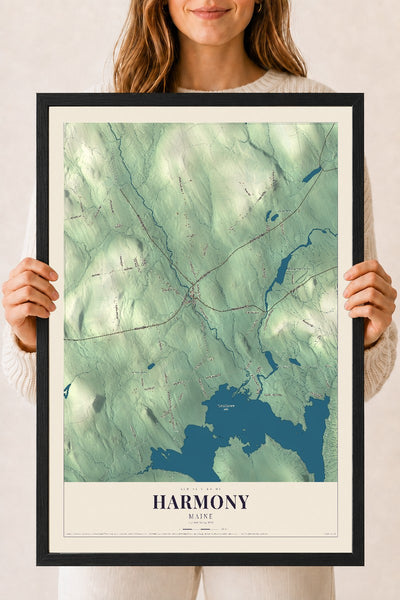 Harmony, Maine map print - 18 x 24 black Ayous wood frame