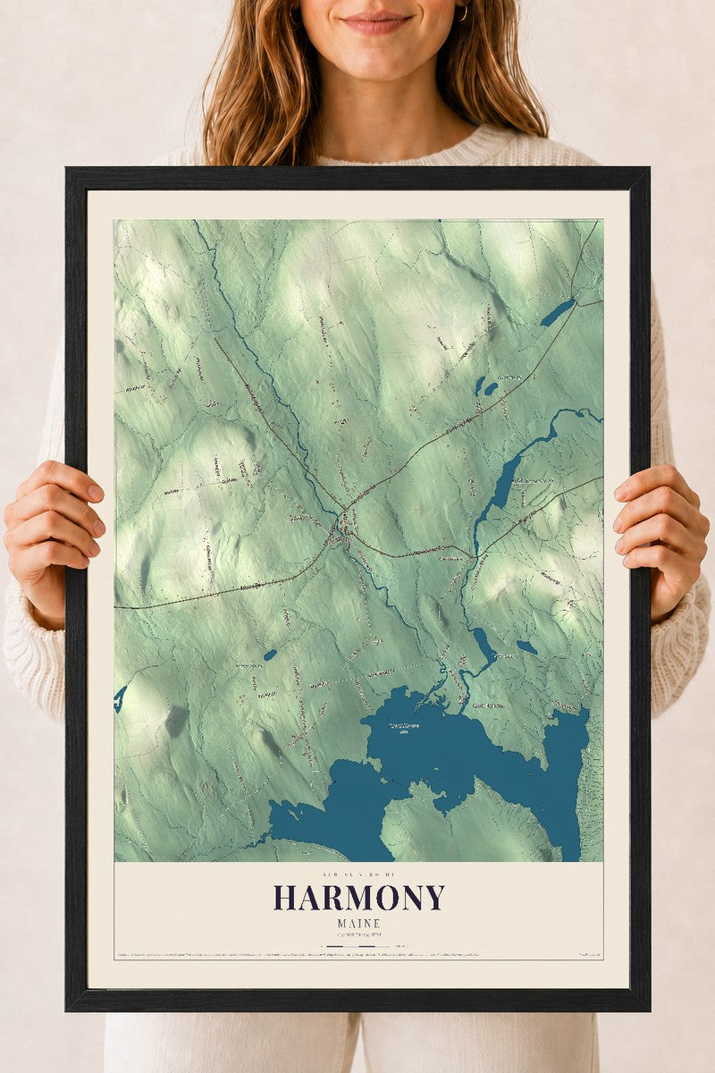 Harmony, Maine map print - 18 x 24 black Ayous wood frame