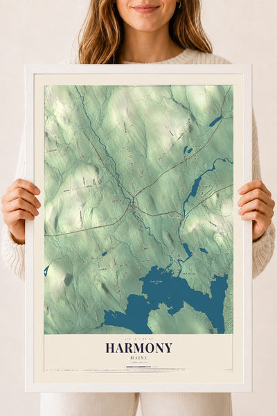 Harmony, Maine map print - 18 x 24 white Ayous wood frame