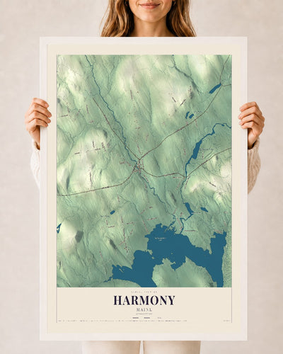 Harmony, Maine map print - 24 x 36 white Ayous wood frame