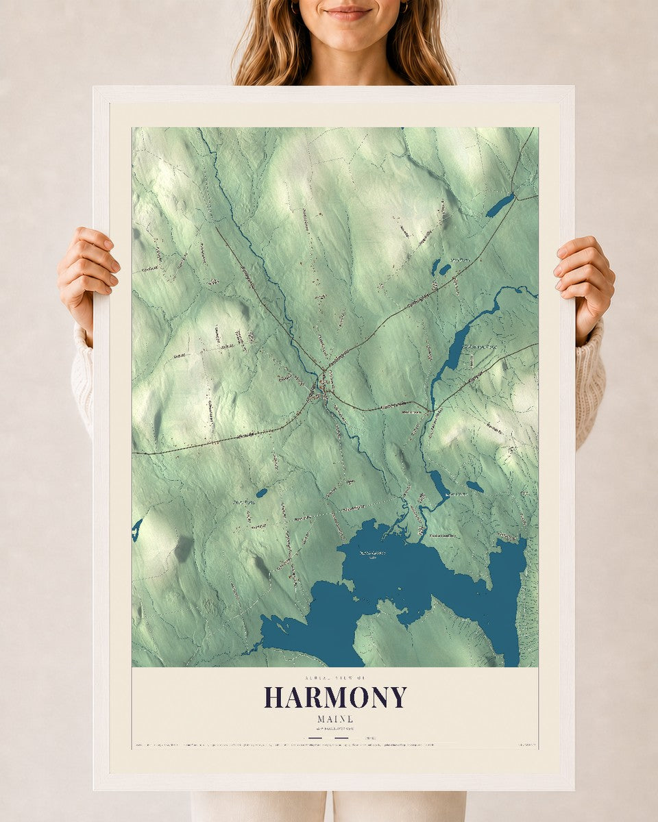 Harmony, Maine map print - 24 x 36 white Ayous wood frame