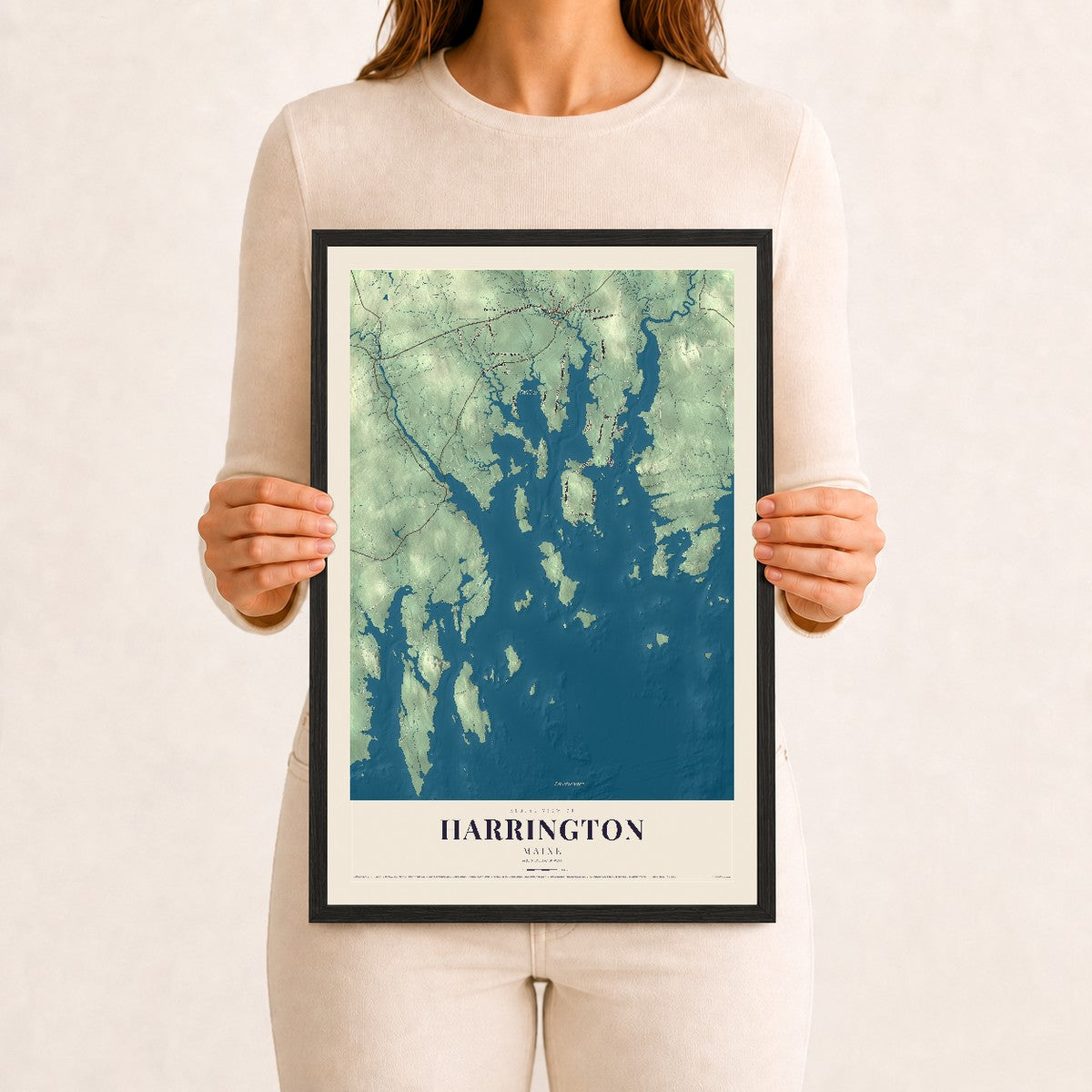 Harrington, Maine map print - 12 x 18 black Ayous wood frame