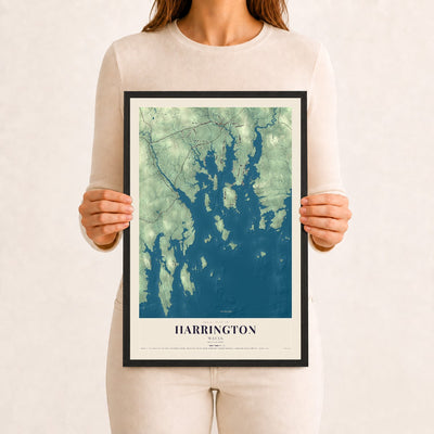 Harrington, Maine map print - 12 x 18 black Ayous wood frame