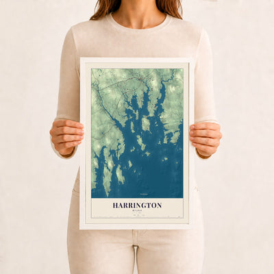 Harrington, Maine map print - 12 x 18 white Ayous wood frame