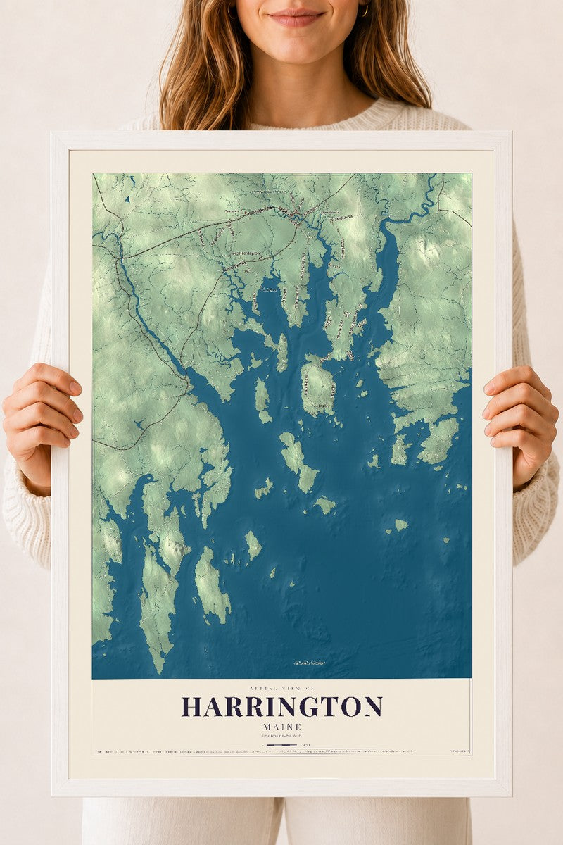 Harrington, Maine map print - 18 x 24 white Ayous wood frame