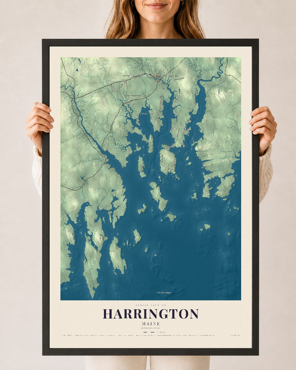Harrington, Maine map print - 24 x 36 black Ayous wood frame