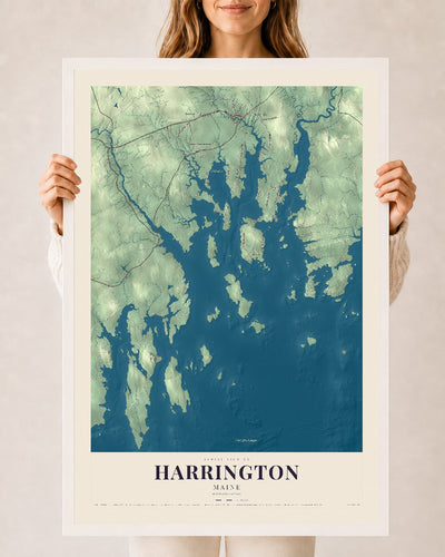 Harrington, Maine map print - 24 x 36 white Ayous wood frame
