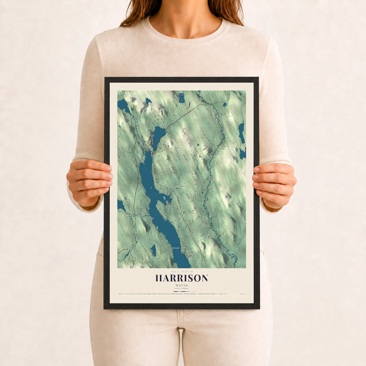 Harrison, Maine map print - 12 x 18 black Ayous wood frame