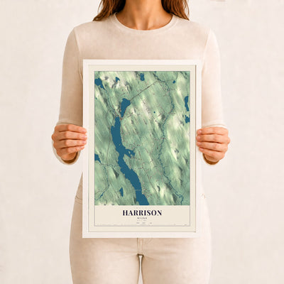 Harrison, Maine map print - 12 x 18 white Ayous wood frame