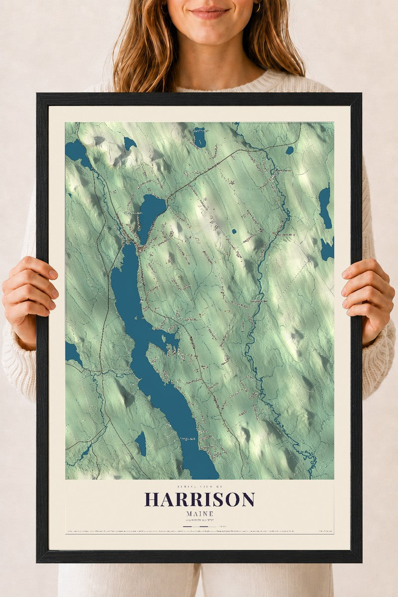 Harrison, Maine map print - 18 x 24 black Ayous wood frame