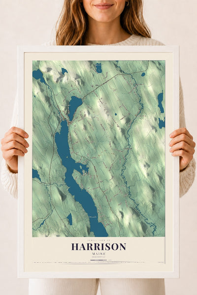 Harrison, Maine map print - 18 x 24 white Ayous wood frame