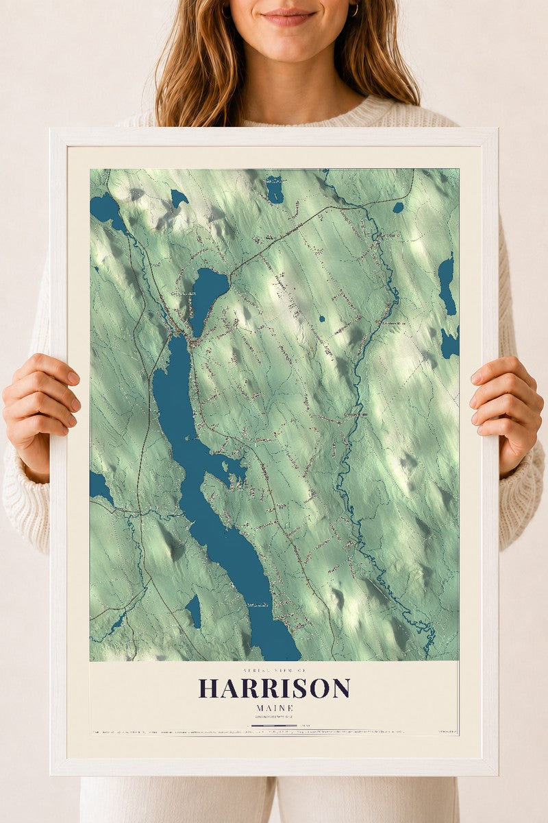 Harrison, Maine map print - 18 x 24 white Ayous wood frame