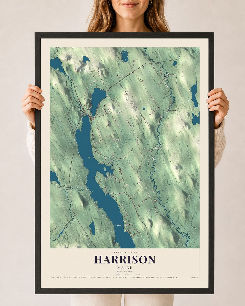 Harrison, Maine map print - 24 x 36 black Ayous wood frame