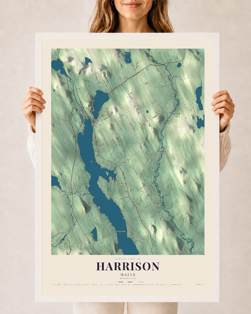 Harrison, Maine map print - 24 x 36 white Ayous wood frame