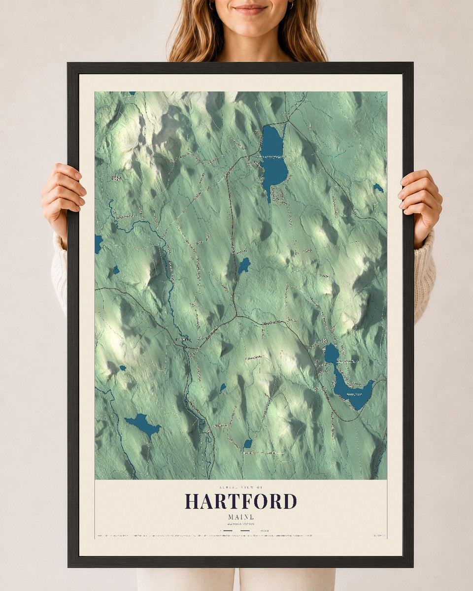 Hartford, Maine map print - 24 x 36 black Ayous wood frame