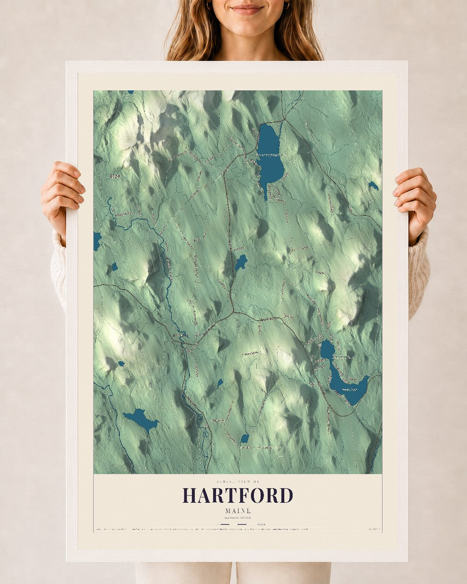 Hartford, Maine map print - 24 x 36 white Ayous wood frame