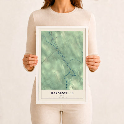 Haynesville, Maine map print - 12 x 18 white Ayous wood frame