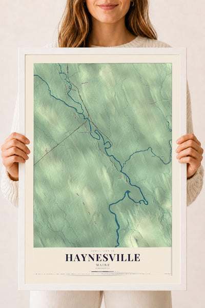 Haynesville, Maine map print - 18 x 24 white Ayous wood frame