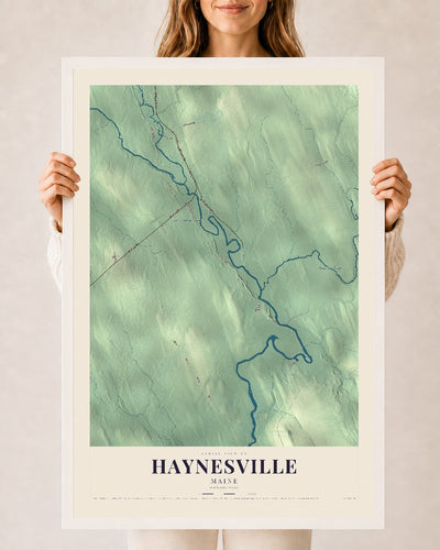 Haynesville, Maine map print - 24 x 36 white Ayous wood frame