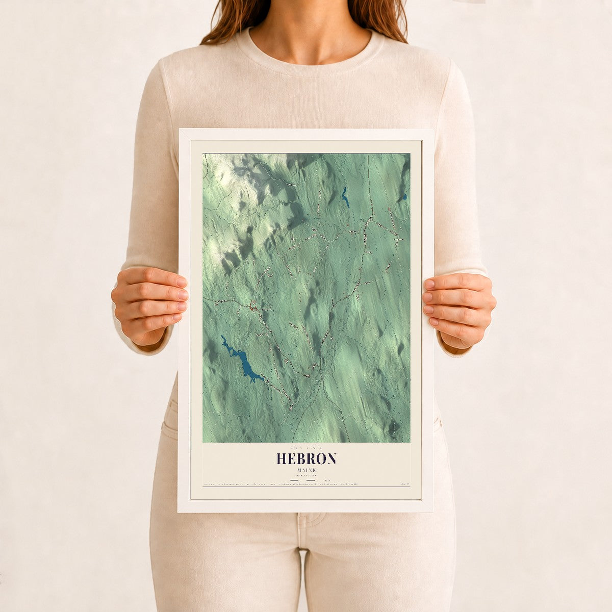 Hebron, Maine map print - 12 x 18 white Ayous wood frame