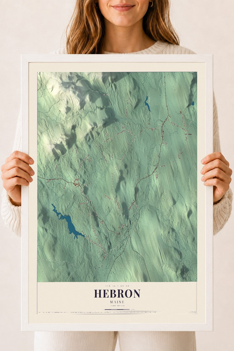 Hebron, Maine map print - 18 x 24 white Ayous wood frame