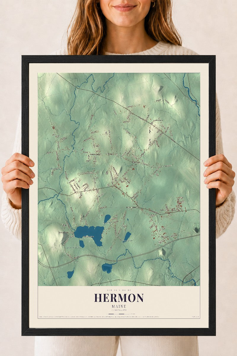 Hermon, Maine map print - 18 x 24 black Ayous wood frame