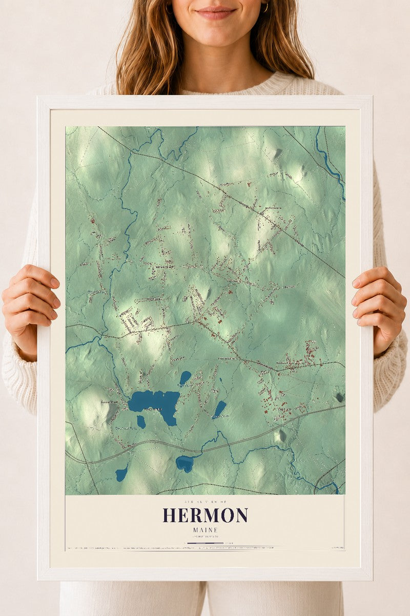 Hermon, Maine map print - 18 x 24 white Ayous wood frame