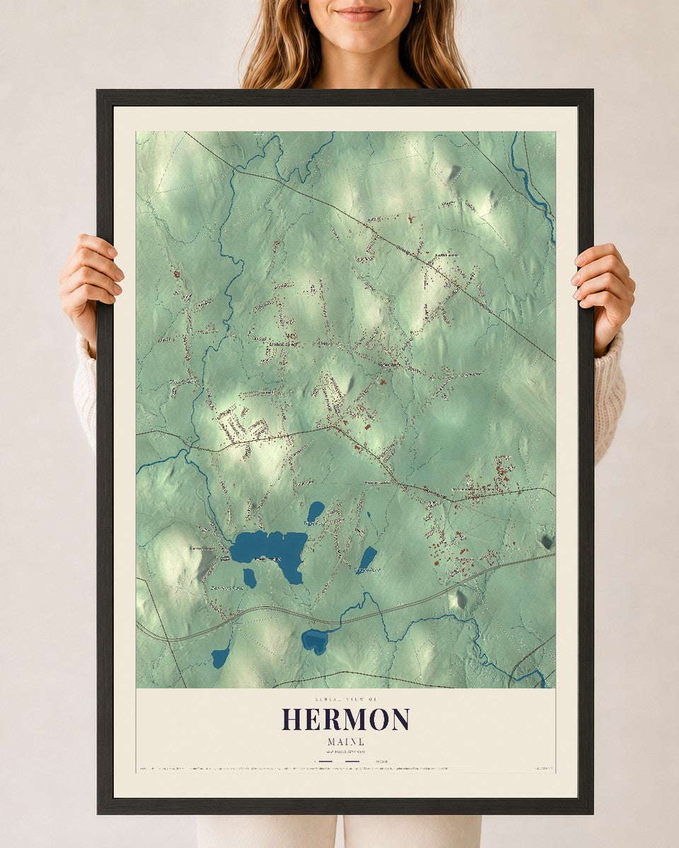 Hermon, Maine map print - 24 x 36 black Ayous wood frame