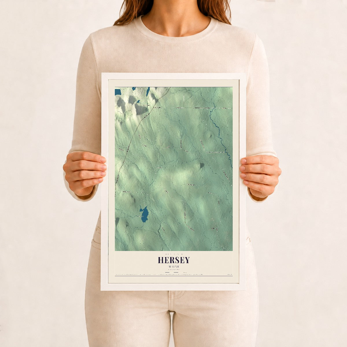 Hersey, Maine map print - 12 x 18 white Ayous wood frame