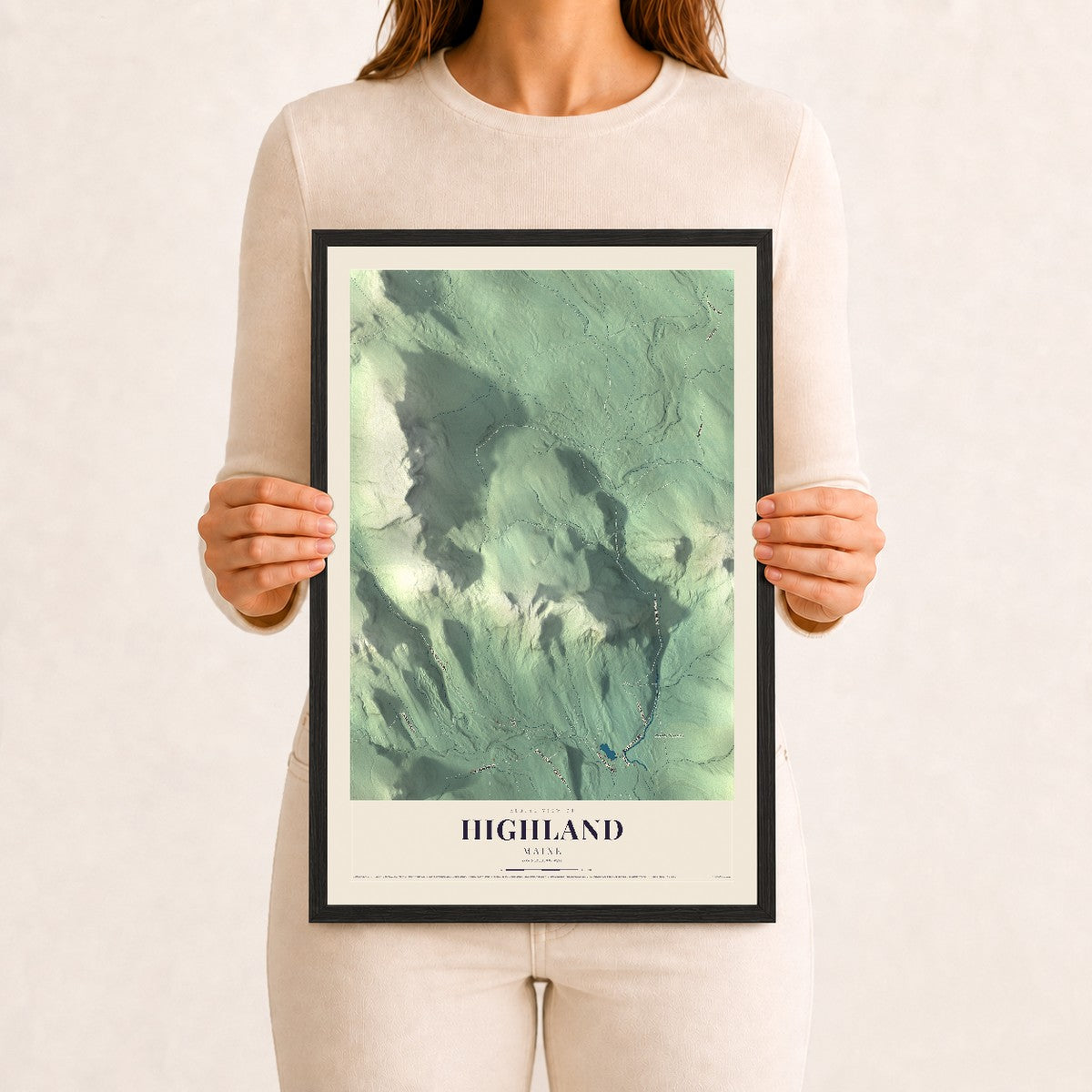 Highland, Maine map print - 12 x 18 black Ayous wood frame