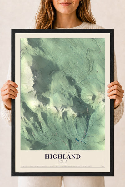 Highland, Maine map print - 18 x 24 black Ayous wood frame