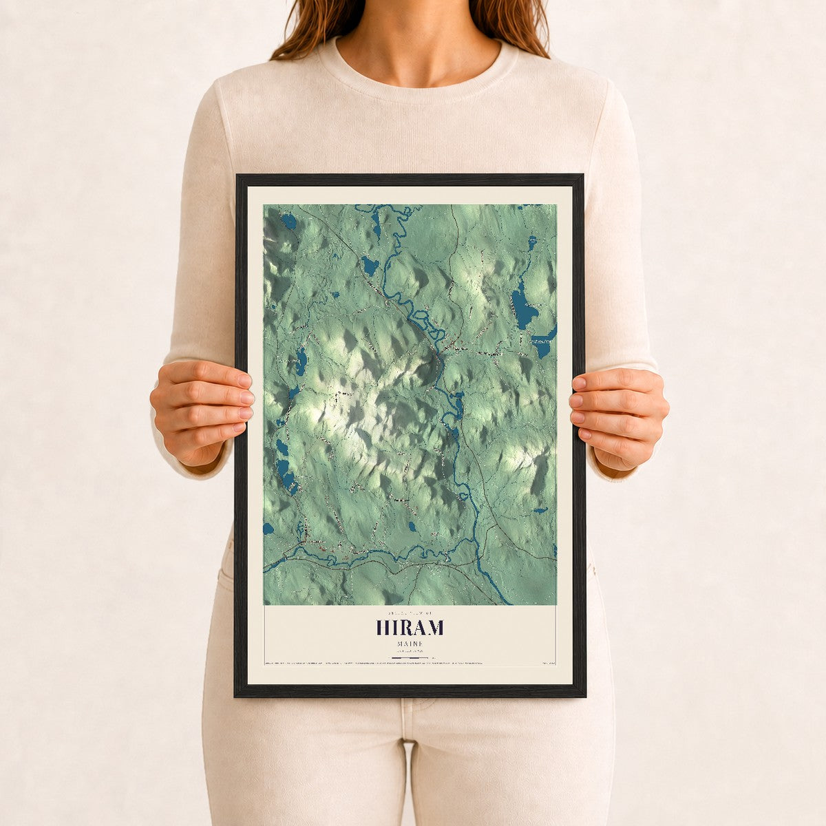 Hiram, Maine map print - 12 x 18 black Ayous wood frame