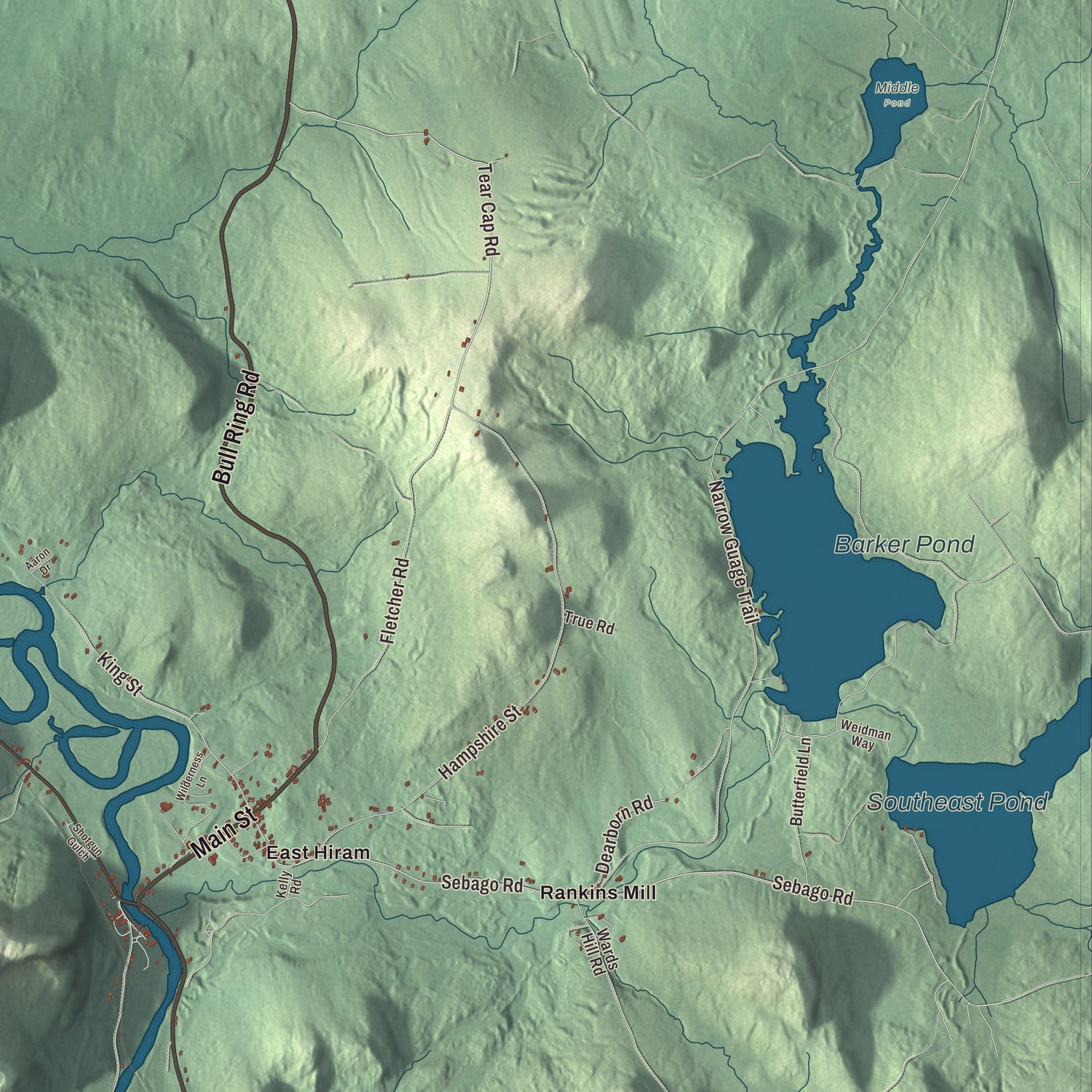 Terrain and local geography detail from the Hiram, Maine map