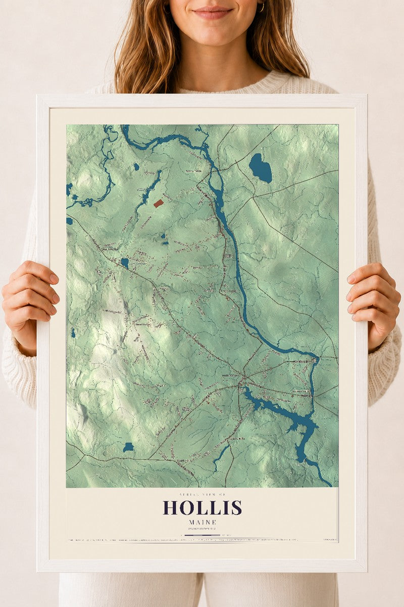 Hollis, Maine map print - 18 x 24 white Ayous wood frame