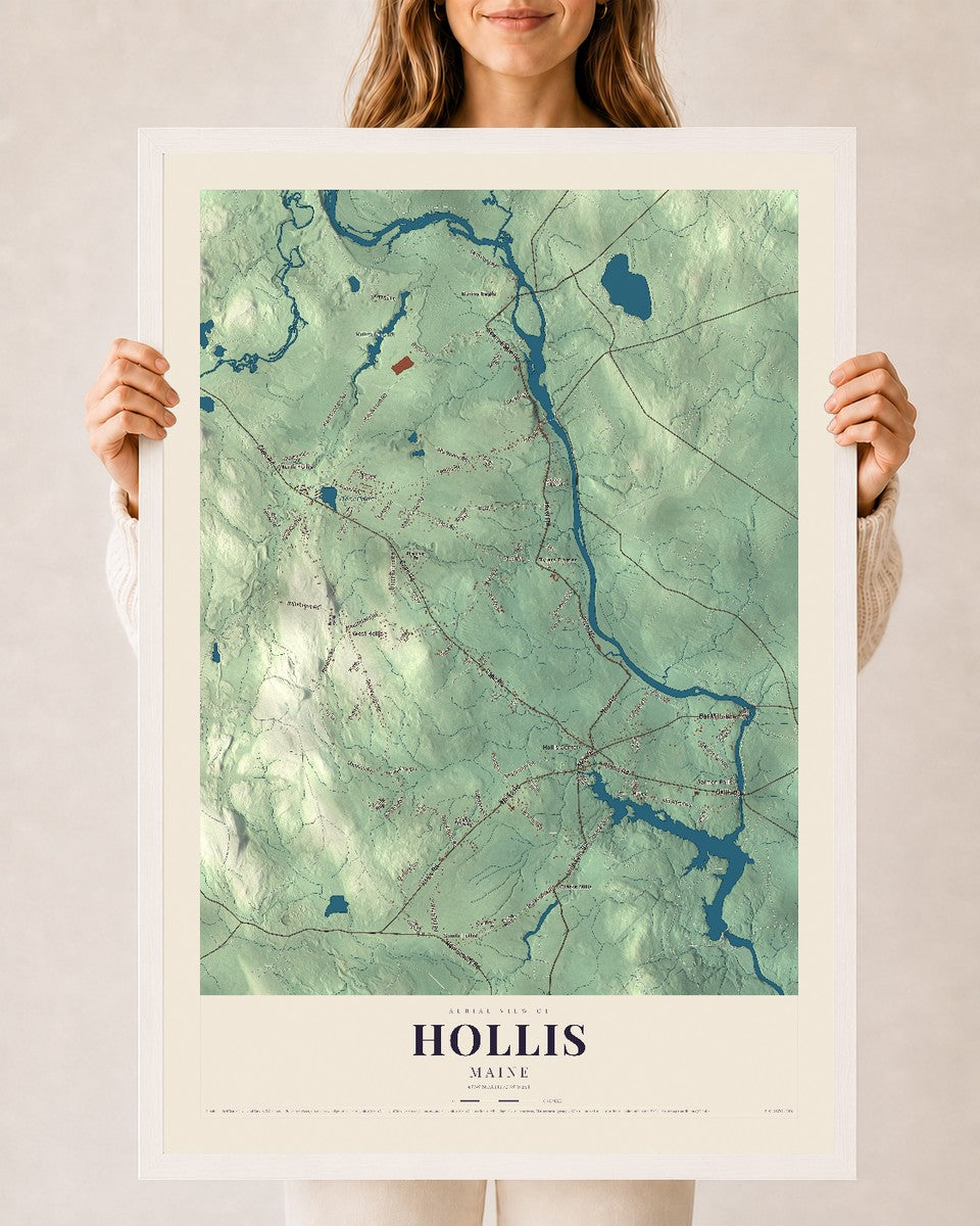 Hollis, Maine map print - 24 x 36 white Ayous wood frame