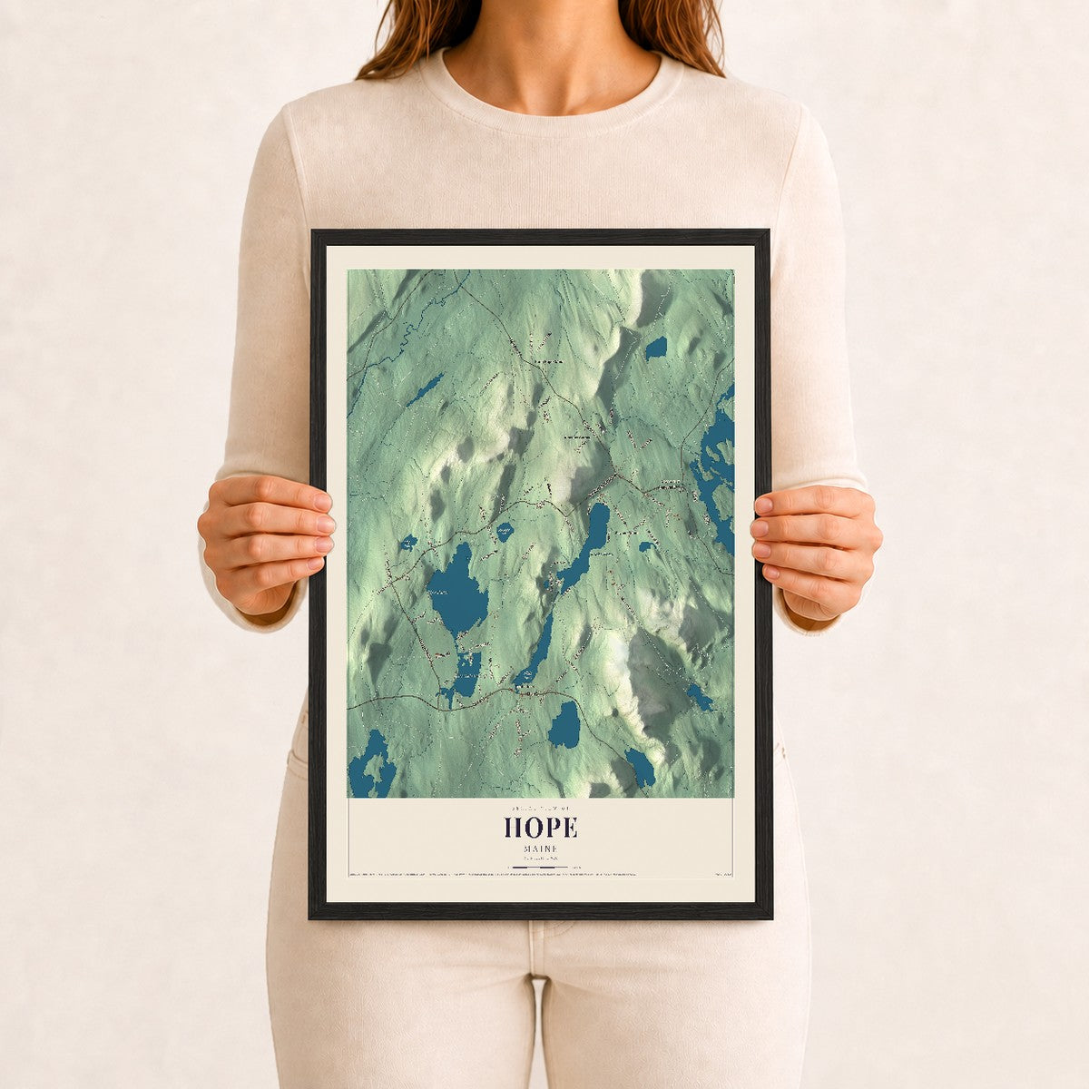 Hope, Maine map print - 12 x 18 black Ayous wood frame