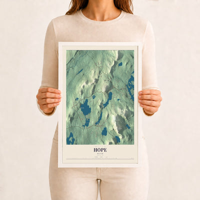 Hope, Maine map print - 12 x 18 white Ayous wood frame