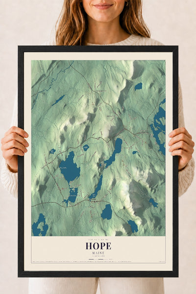 Hope, Maine map print - 18 x 24 black Ayous wood frame