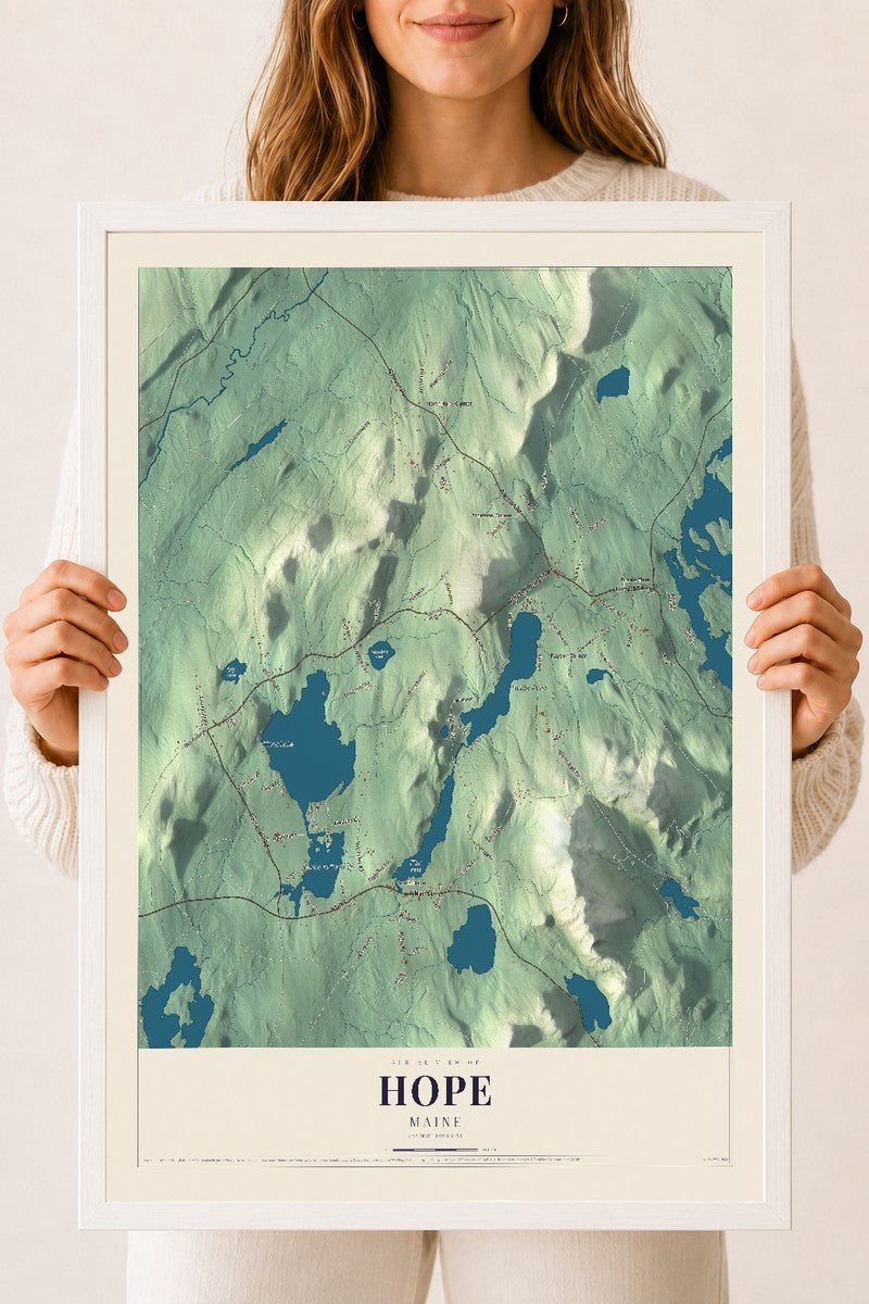 Hope, Maine map print - 18 x 24 white Ayous wood frame