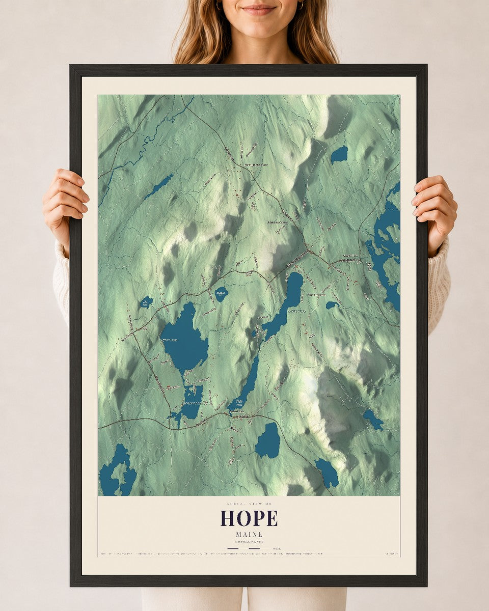 Hope, Maine map print - 24 x 36 black Ayous wood frame