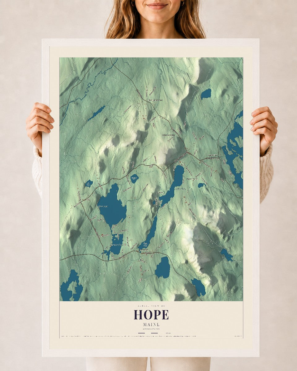 Hope, Maine map print - 24 x 36 white Ayous wood frame