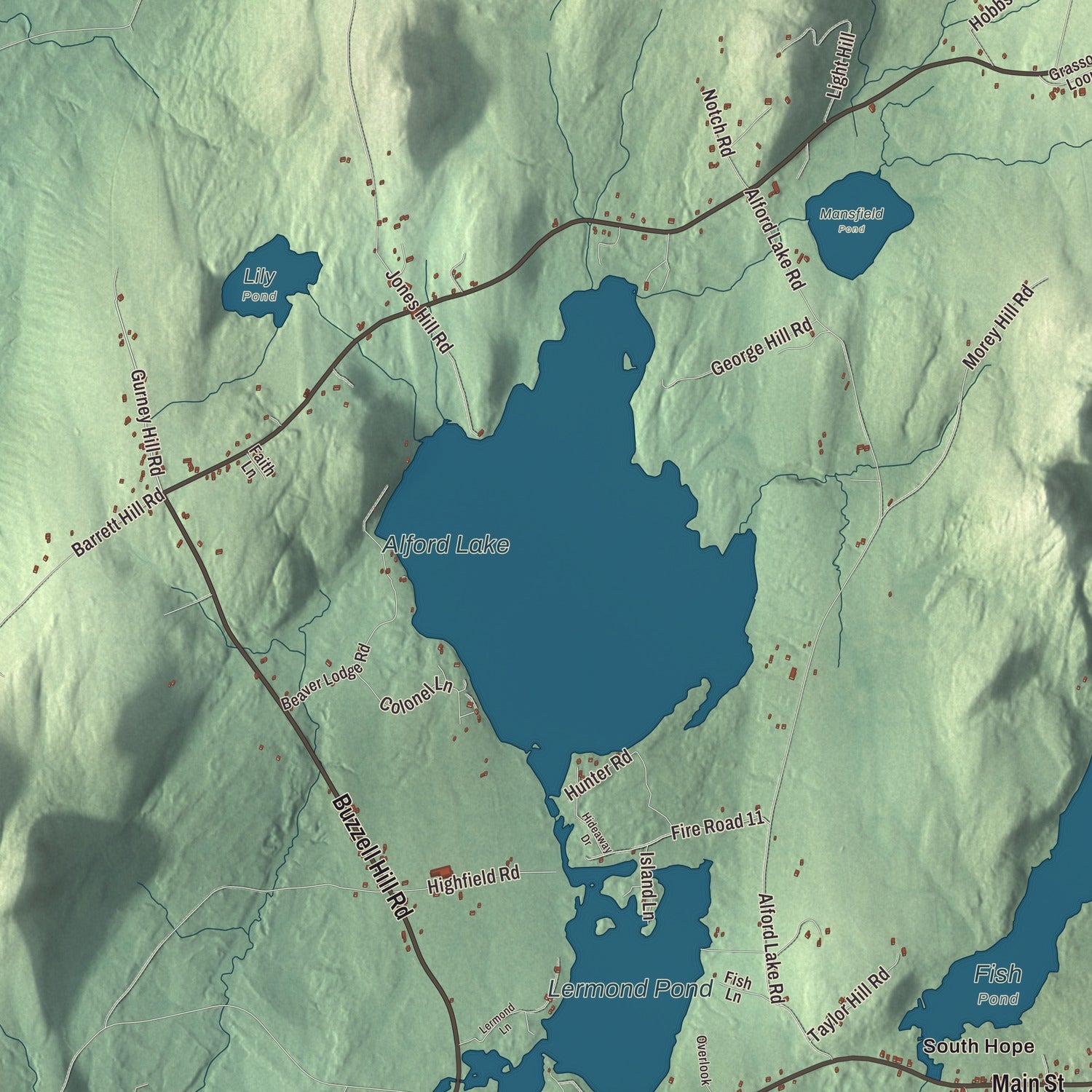 Terrain and local geography detail from the Hope, Maine map