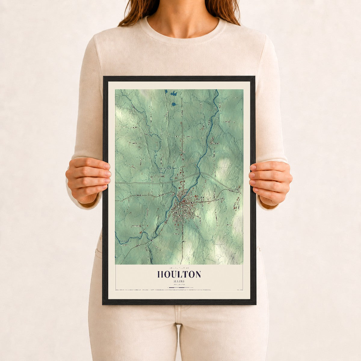 Houlton, Maine map print - 12 x 18 black Ayous wood frame