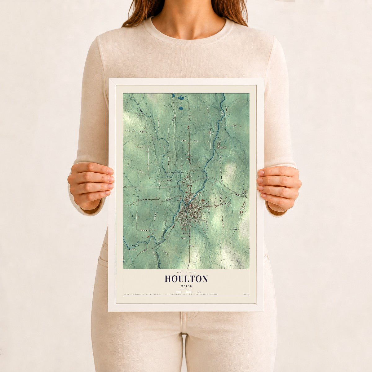 Houlton, Maine map print - 12 x 18 white Ayous wood frame