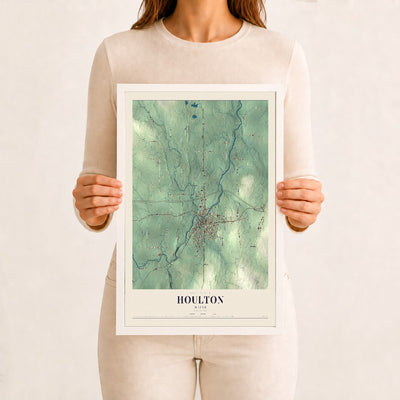 Houlton, Maine map print - 12 x 18 white Ayous wood frame