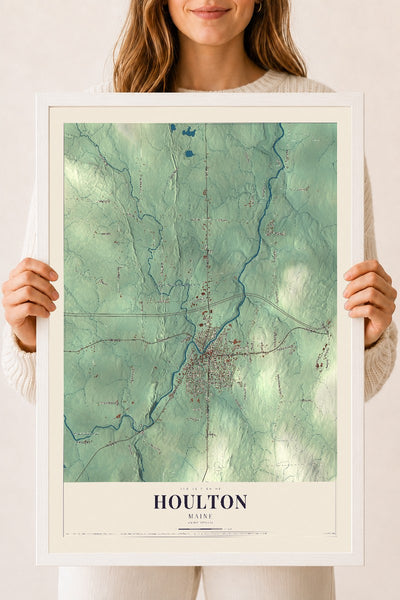 Houlton, Maine map print - 18 x 24 white Ayous wood frame