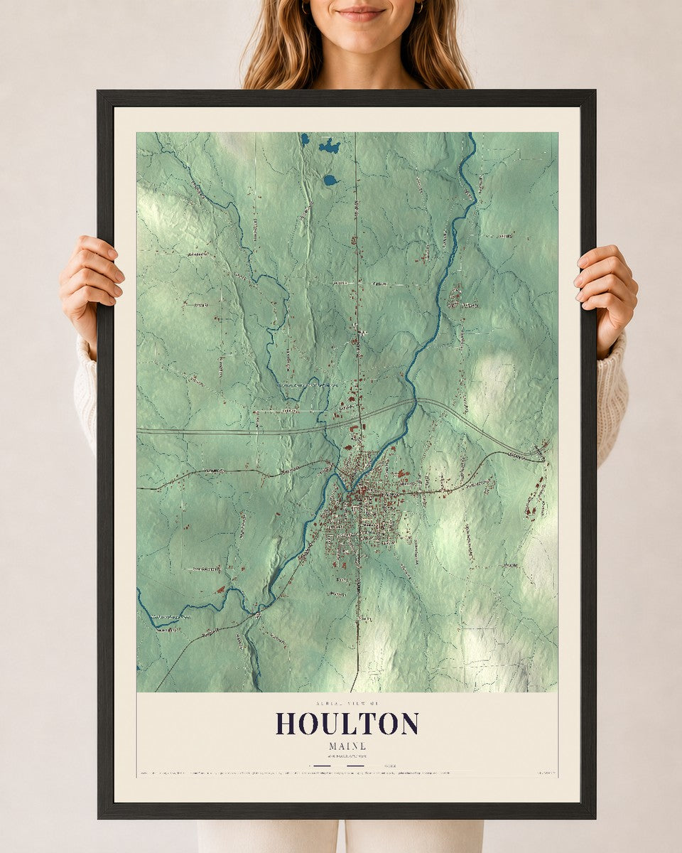 Houlton, Maine map print - 24 x 36 black Ayous wood frame
