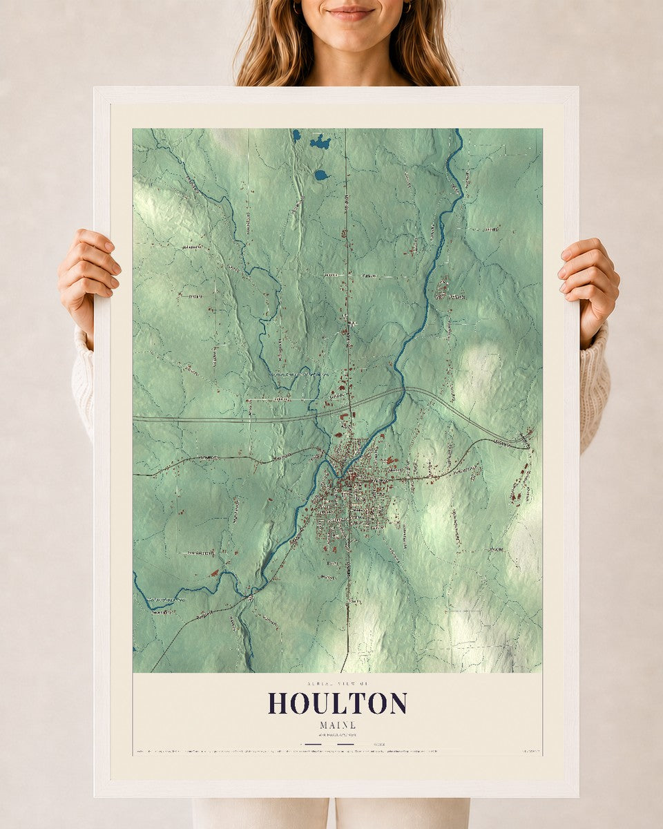 Houlton, Maine map print - 24 x 36 white Ayous wood frame